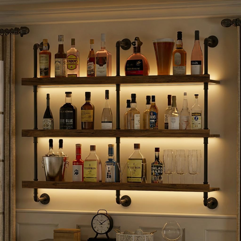 Kitchen Appliances Organizer - Wandgemonteerd wijnrek met LED-verlichting, drie lagen
